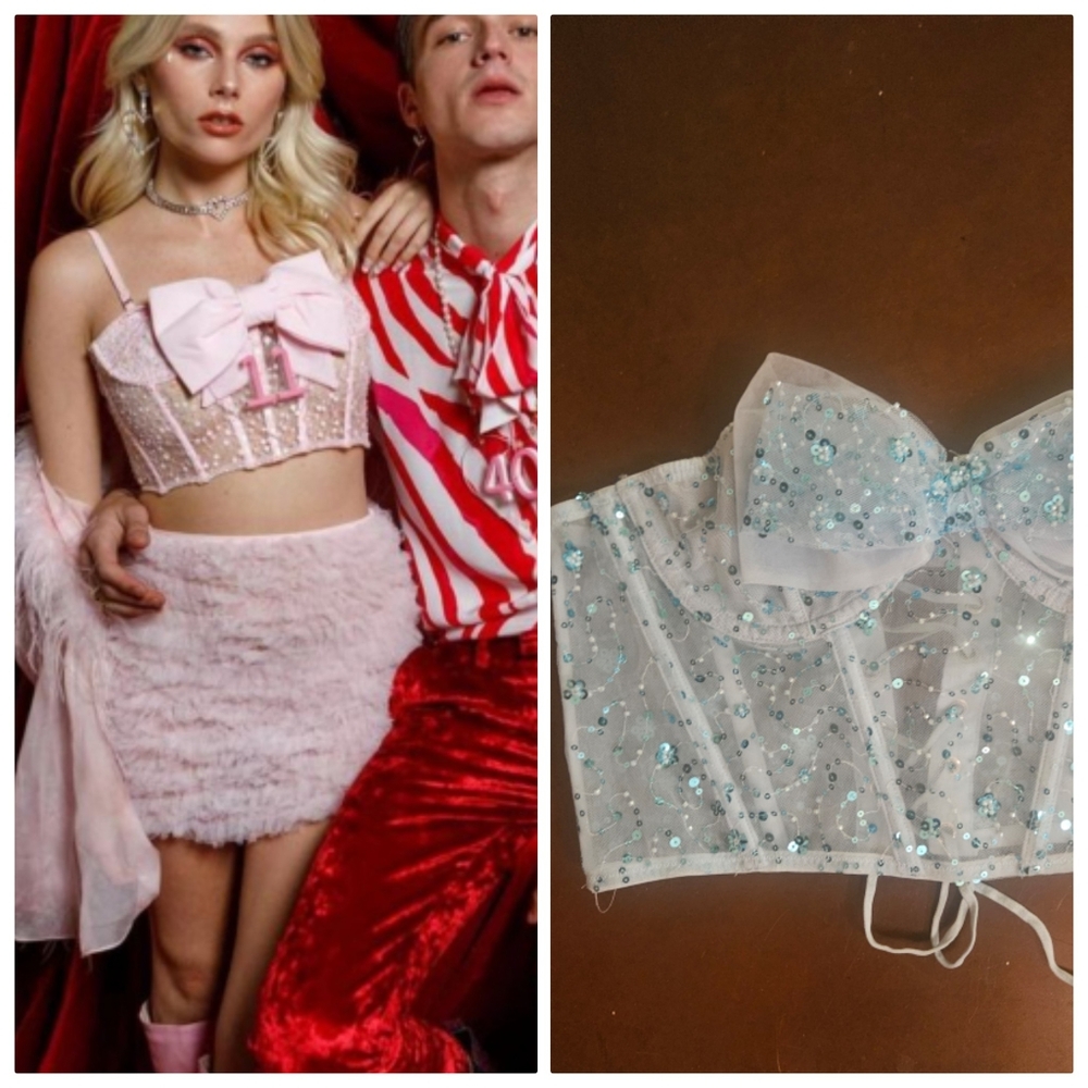 Dyspnea Sample Sparkly Sheer Coquette Bow Corset Lace Up Top Light Blue m